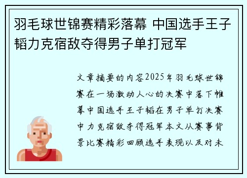 羽毛球世锦赛精彩落幕 中国选手王子韬力克宿敌夺得男子单打冠军