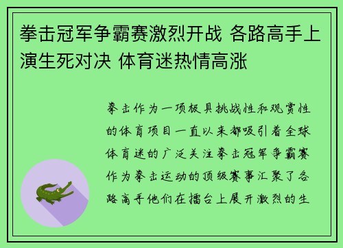拳击冠军争霸赛激烈开战 各路高手上演生死对决 体育迷热情高涨